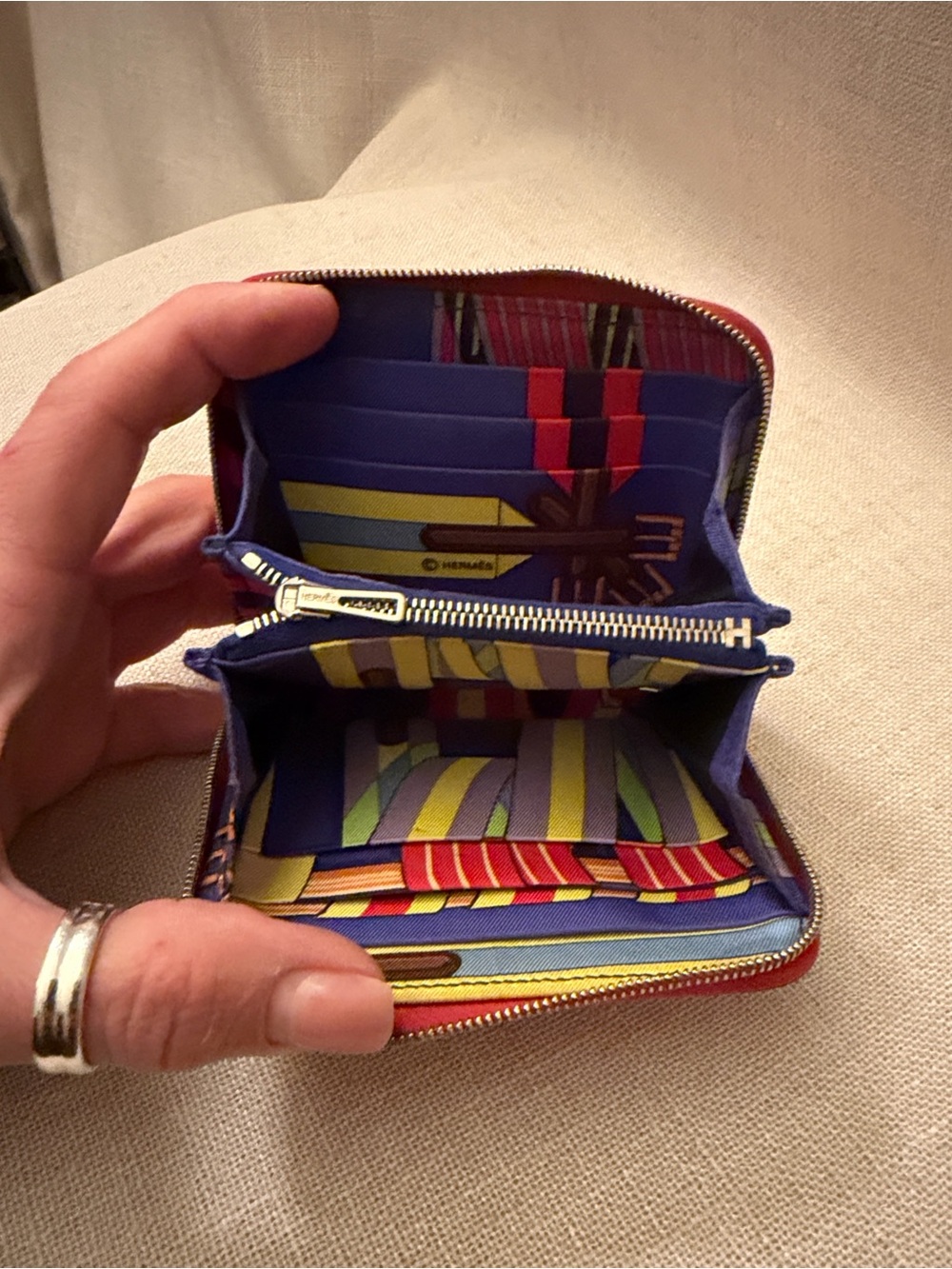 Hermes Little Red Wallet Colorful Print w/ Striped Leather Wallet - Picture 13 of 15